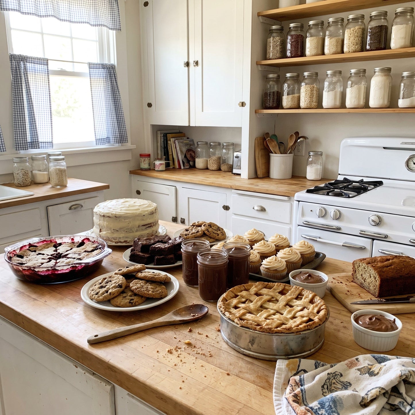 Assorted cakes, pies, brownies, cookies, cupcakes, and dessert jars on a farmhouse kitchen counter