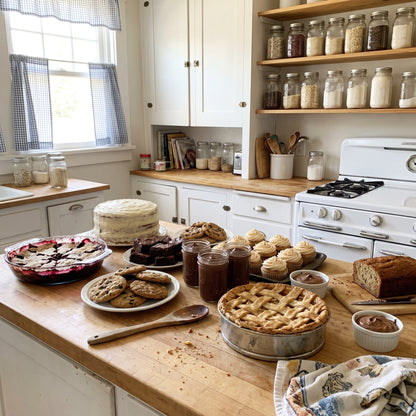 Assorted cakes, pies, brownies, cookies, cupcakes, and dessert jars on a farmhouse kitchen counter