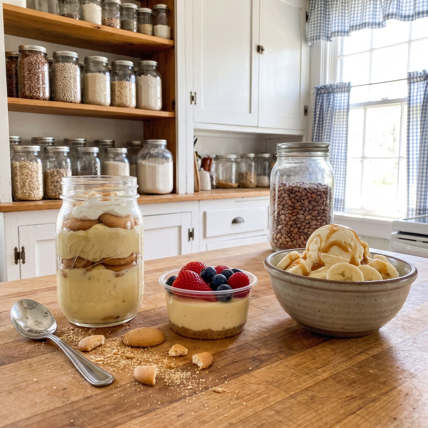 Three desserts on a farmhouse kitchen counter