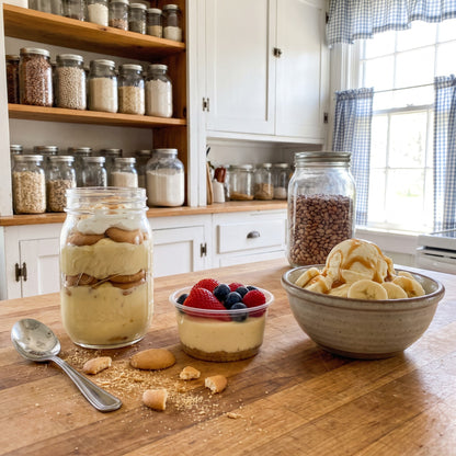 Three desserts on a farmhouse kitchen counter