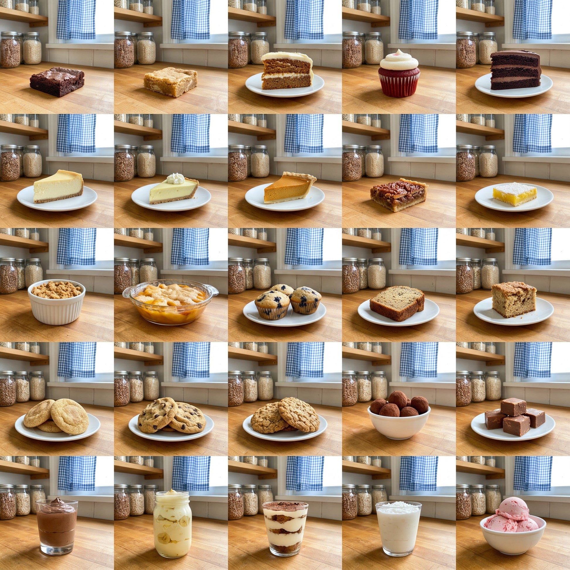 Grid of twenty-five assorted dessert examples
