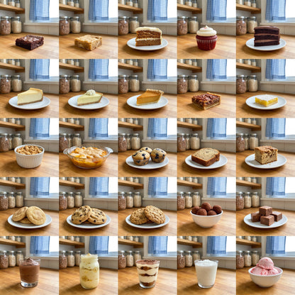 Grid of twenty-five assorted dessert examples