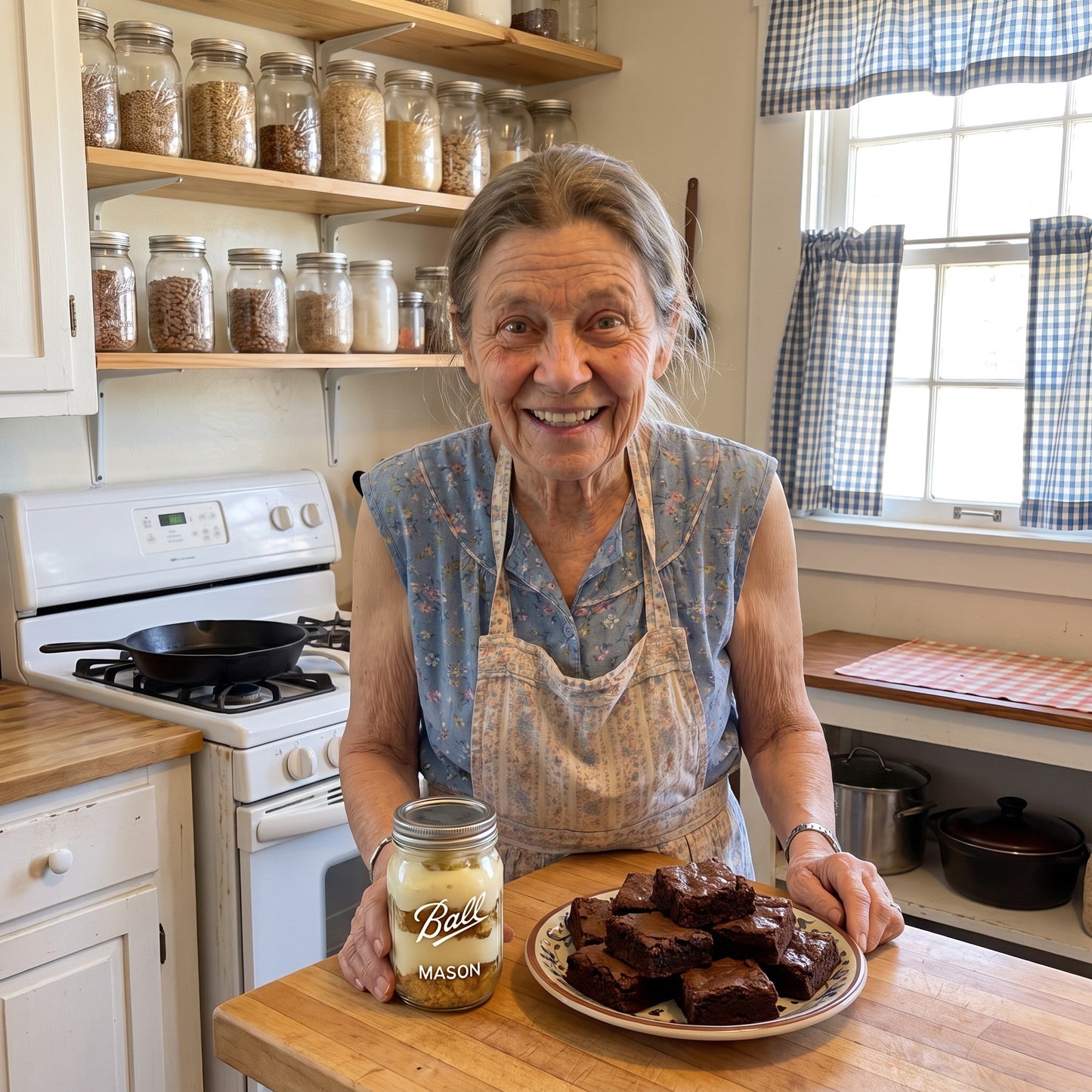 Mabel June in her farmhouse kitchen with brownies and a dessert jar