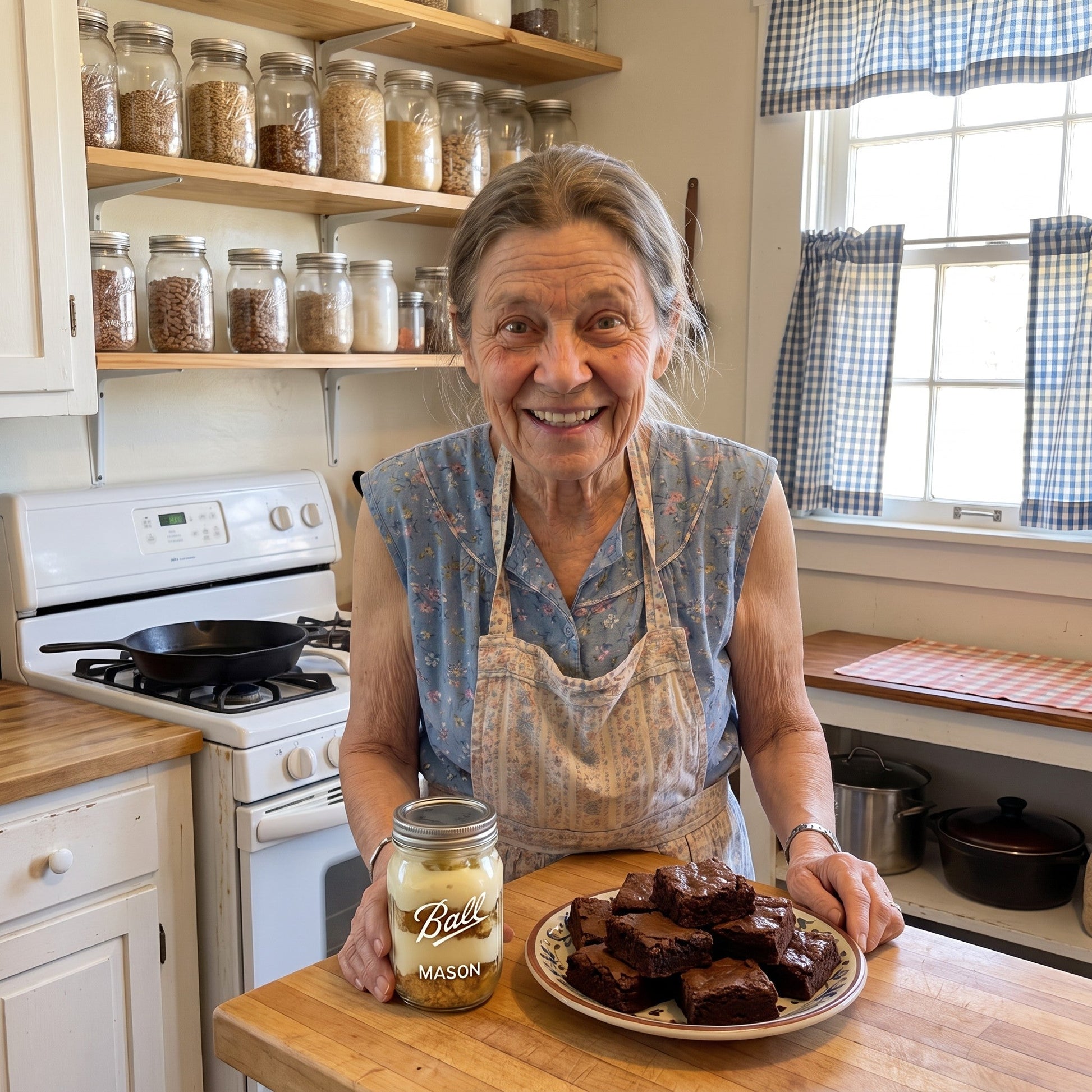 Mabel June in her farmhouse kitchen with brownies and a dessert jar