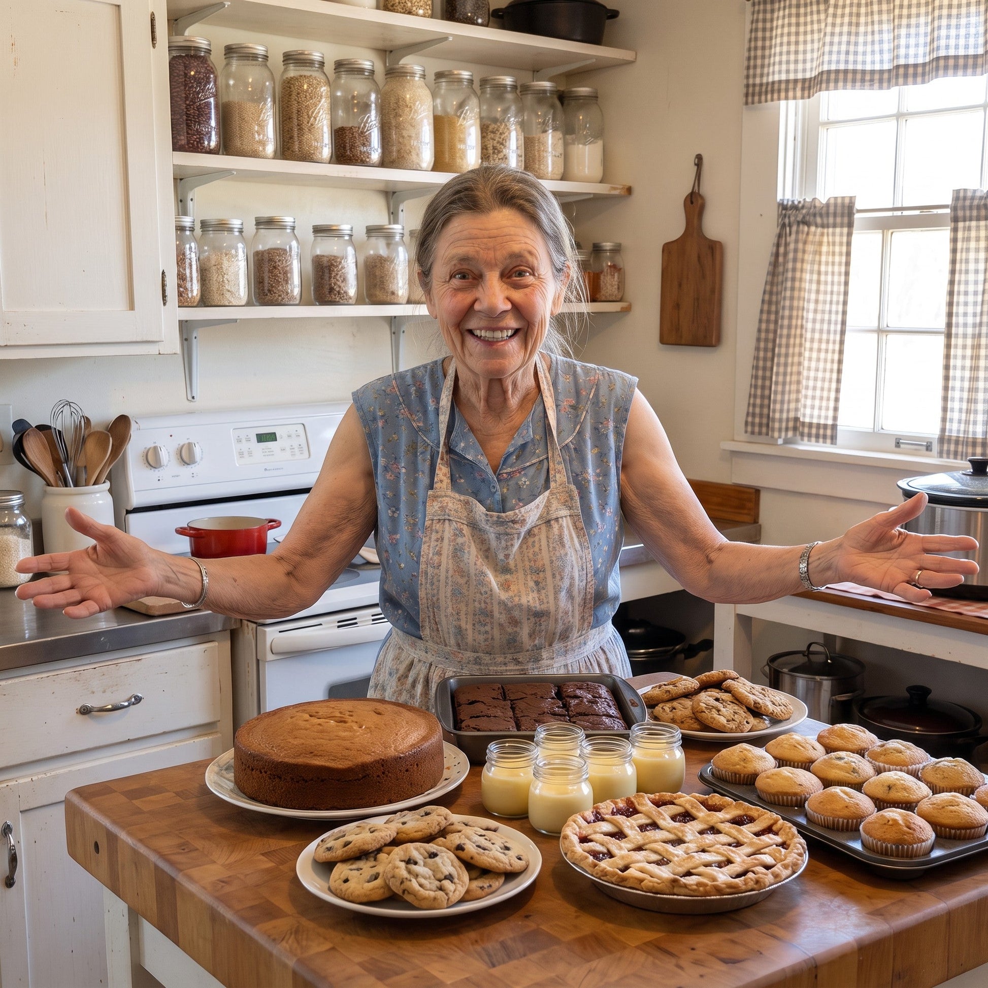 Mabel June standing behind an abundant dessert spread in her farmhouse kitchen