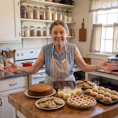 Mabel June standing behind an abundant dessert spread in her farmhouse kitchen
