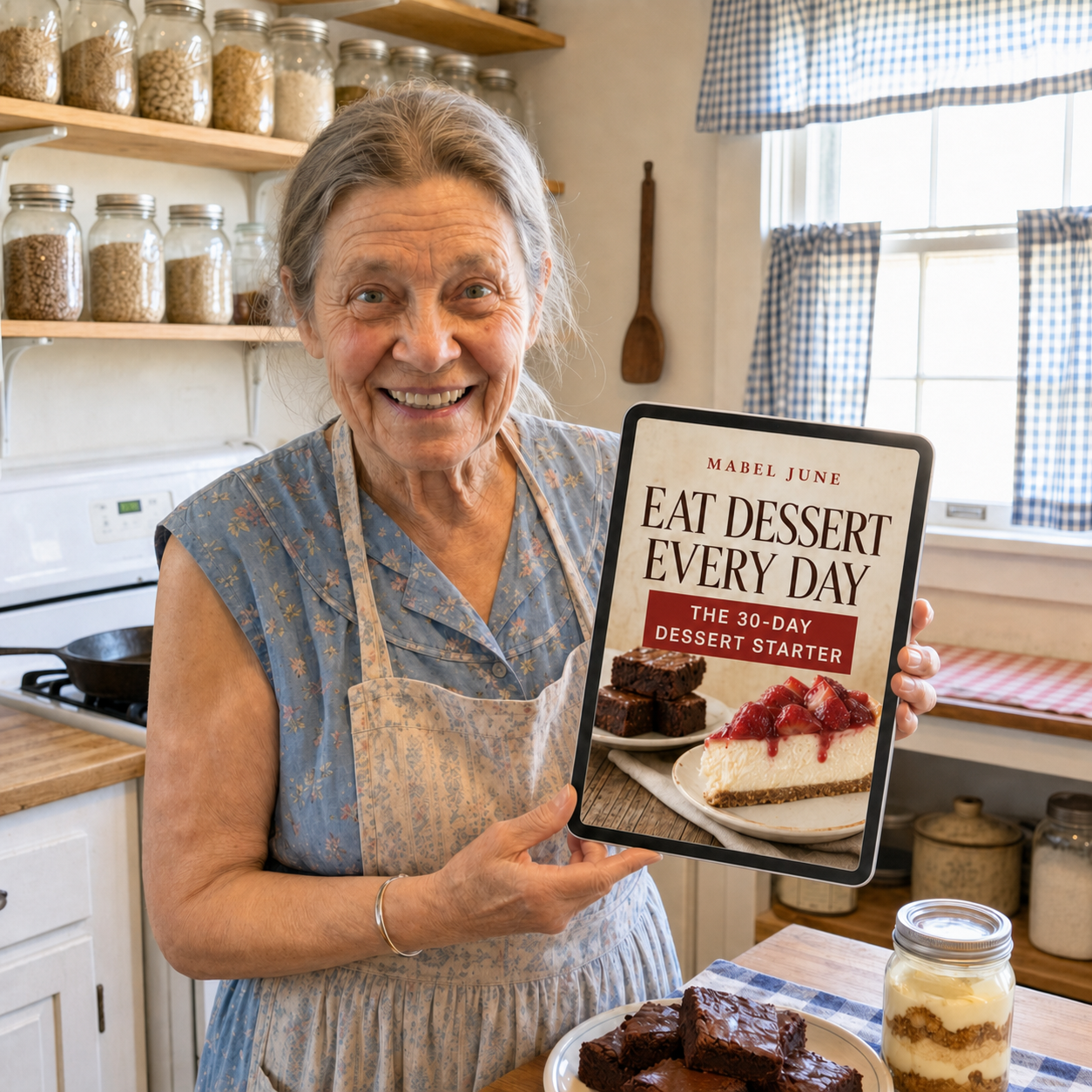 Mabel June holding the Eat Dessert Every Day 30-Day Dessert Starter digital guide