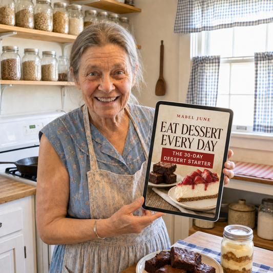 Mabel June holding the Eat Dessert Every Day 30-Day Dessert Starter digital guide