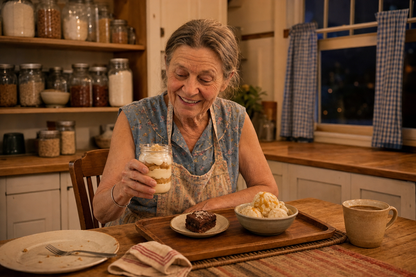 Mabel June choosing a portioned dessert after dinner in her warm farmhouse kitchen