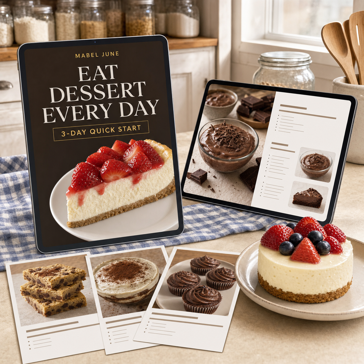 Eat Dessert Every Day guide shown on digital devices with dessert recipe previews
