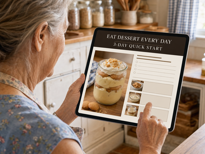 Over-the-shoulder preview of the Eat Dessert Every Day digital guide on a tablet