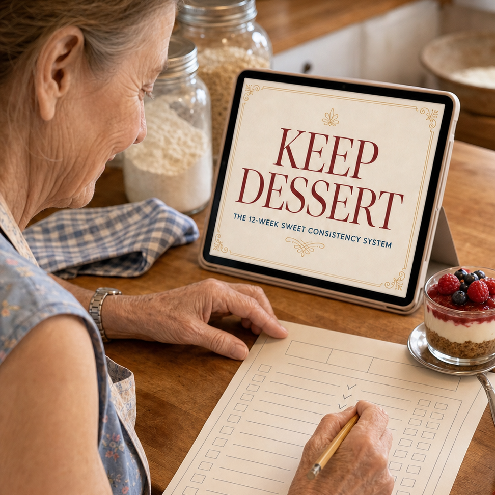 Mabel June using the Keep Dessert weekly planner beside a portioned dessert